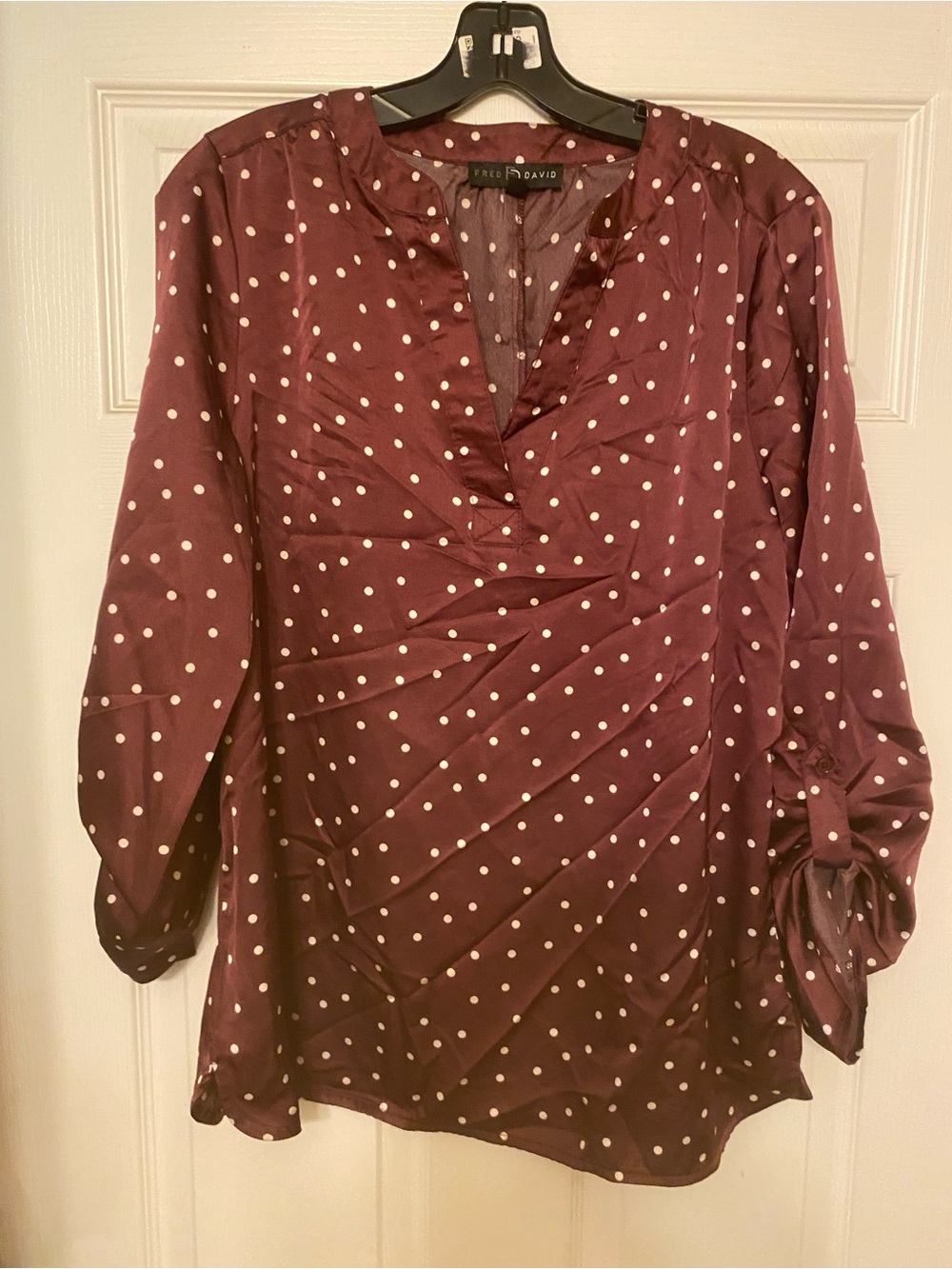Fred David Maroon Polka Dot V-Neck Blouse